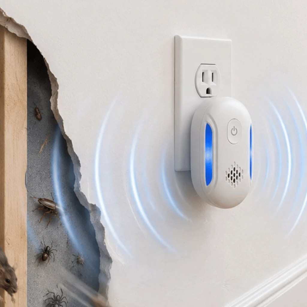 Seller illustration of the plug-in beside an opened wall with insects in the cavity
