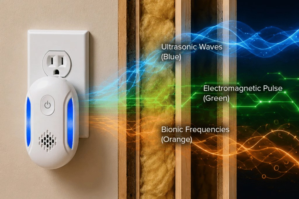 Seller diagram labeling ultrasonic, electromagnetic, and bionic frequencies beside the plug-in